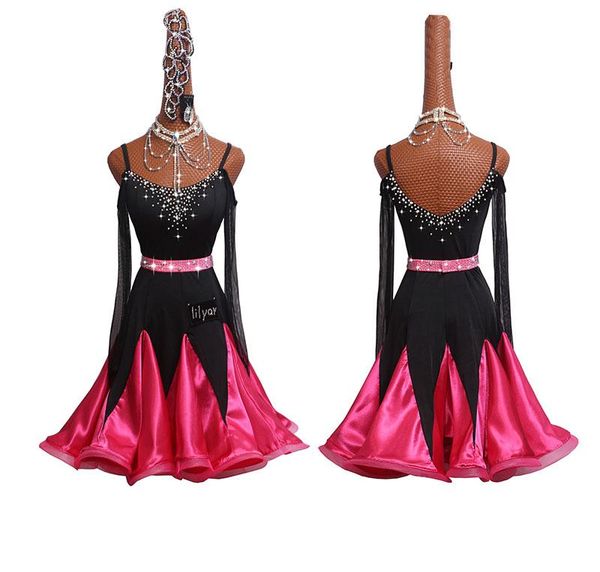 

stage wear glitter rhinestones professional latin dance dress kids tango rumba club women girls competition costume, Black;red