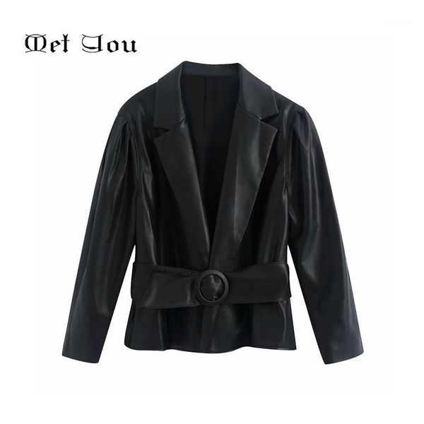 

2021 women's spring and autumn black belted pu leather blazer casual fashion retro long sleeve lapel short met1171