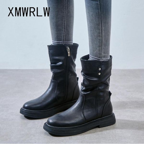 

xmwrlw women's mid-calf boots 2020 autumn winter leather women shoes warm plush low heels ladies boots woman winter shoes boot, Black