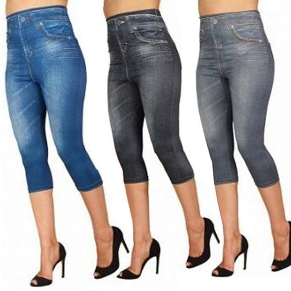 

women 2020 imitation distressed denim jeans leggings ladies casual high waist slim elastic hips pencil pants 7-point pant1, Black