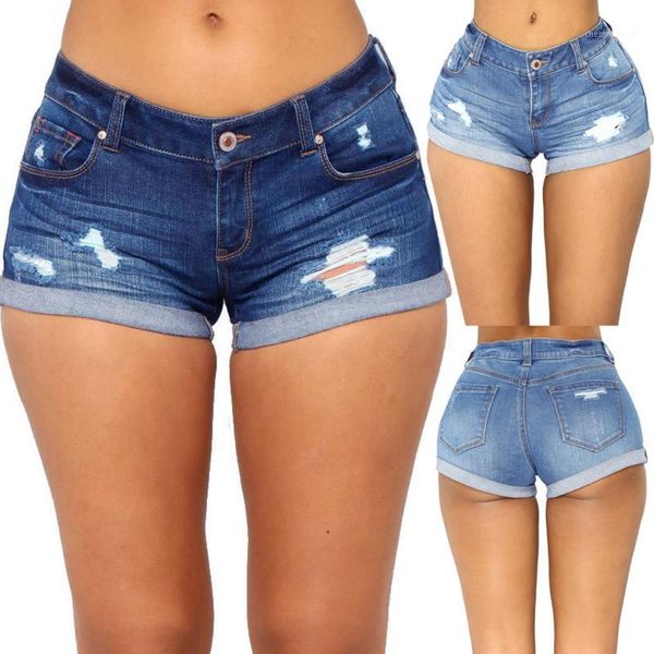 

jeans women casual holes high waist zipped denim skinny slim fit mini shorts ripped jeans pants mujer s101, Blue