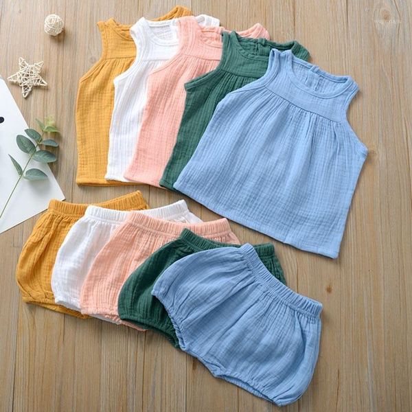 

clothing sets 2pcs sleeveless summer girl cotton vest linen casual baby girls solid shirts for children kids set tnsc1951, White