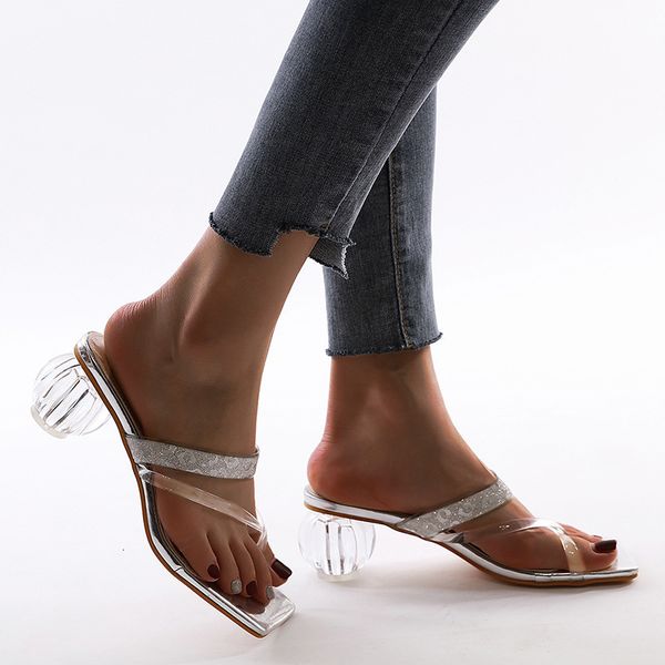 

crystal transparent women slippers ladies sandals square toe high heels clip toe slides casual shoes for women zapatos mujer, Black