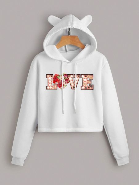 

floral & letter graphic 3d ears design thermal lined crop hoodie t8di#, White;black
