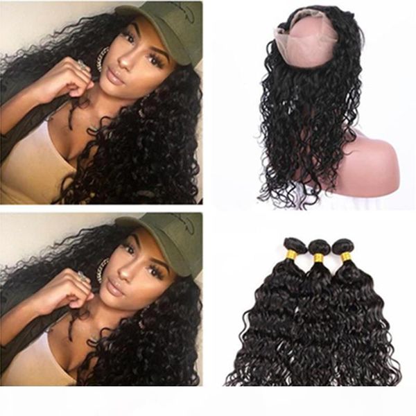 

360 lace frontal closure with 3 bundles brazilian water wave virgin hair with closure wet and wavy water curly 360 lace frontal, Black;brown