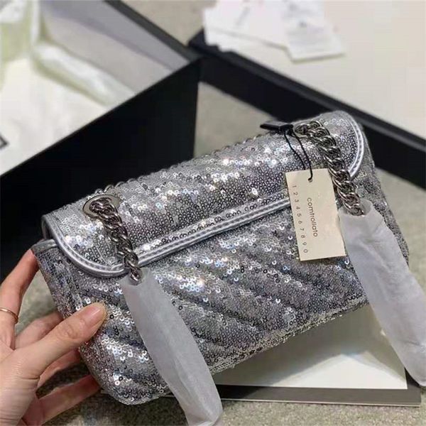 

new arrival alloy letter buckle version sequins cross body bags silver thinck chains strap shoulder bags luxurys designers bags sequins 22cm