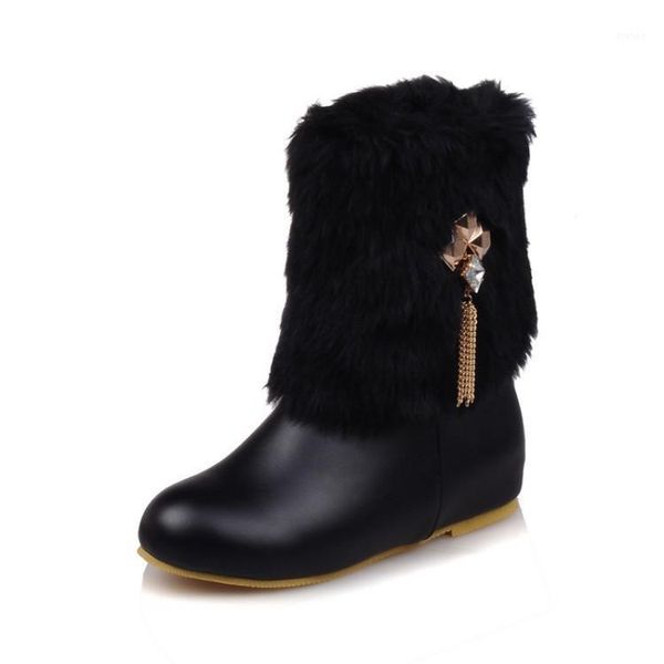 

new winter women boots fur snow boots genuine leather mid-calf female waterproof warm flat big size 34-46 6651, Black