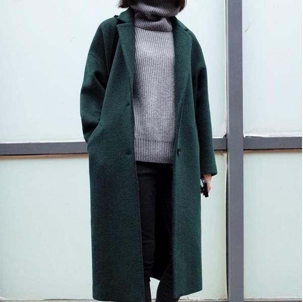 

women's wool & blends winter fashion long woolen coat women thick loose jacket abrigos mujer invierno, Black