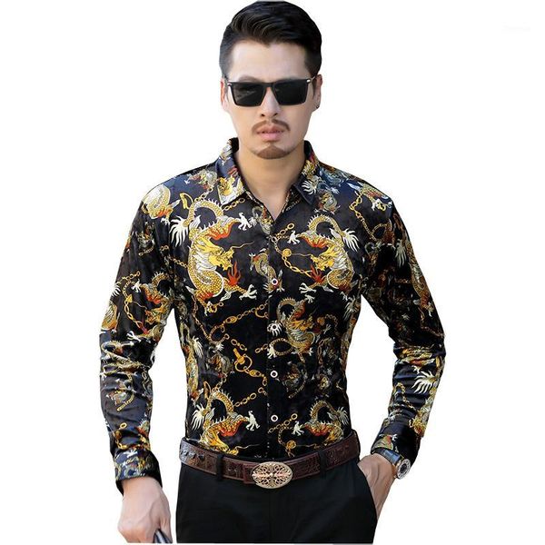 

fashion velvet slim fit man dress shirts voguelong sleeve dragon pattern shirts nice -5xl1, White;black