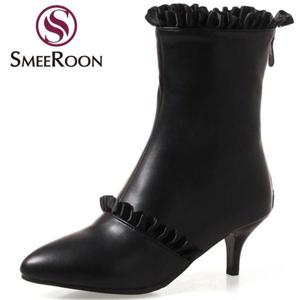 

smeeroon fashion ruffles warm winter boots pointed toe thin heels boots leisure office ladies ankle women shoes plus size1, Black