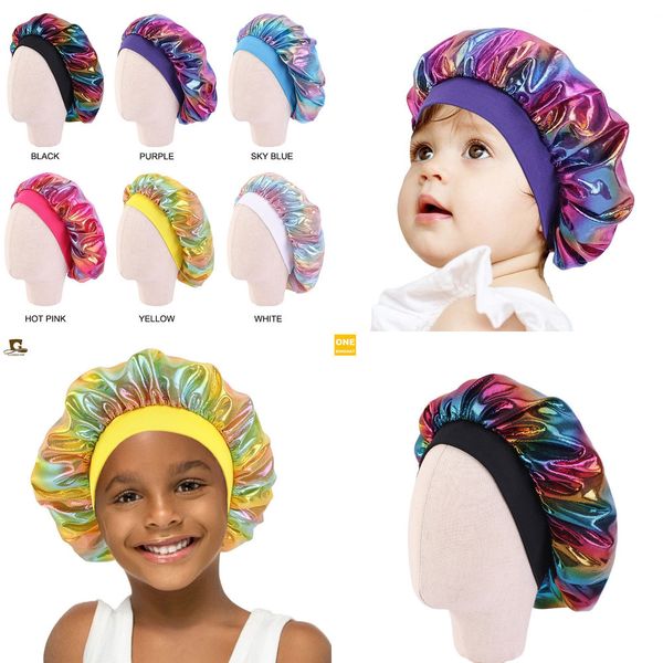 

kids hats laser bathing bonnet children boy girls shower cap satin night sleep caps hair care cap head cover wrap beanies skullies gg12208, Yellow