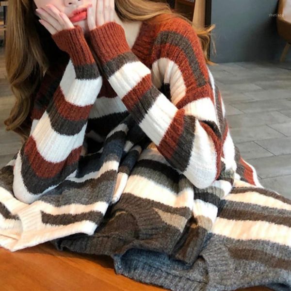 

long striped knitted sweater women o-neck casual sleeve chic loose sweet pullover korean oversize 2020 autumn women's clothing1, White;black