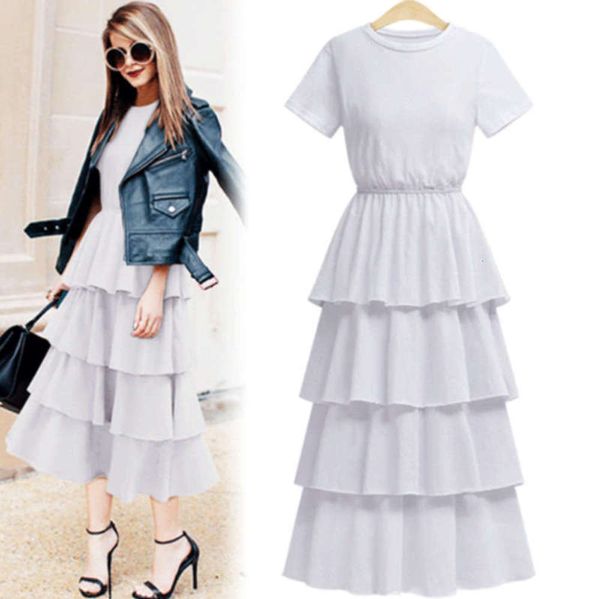 

by hollywood model same fashion cake layer short sleeve long dress for women fat mm skirt, Black;gray