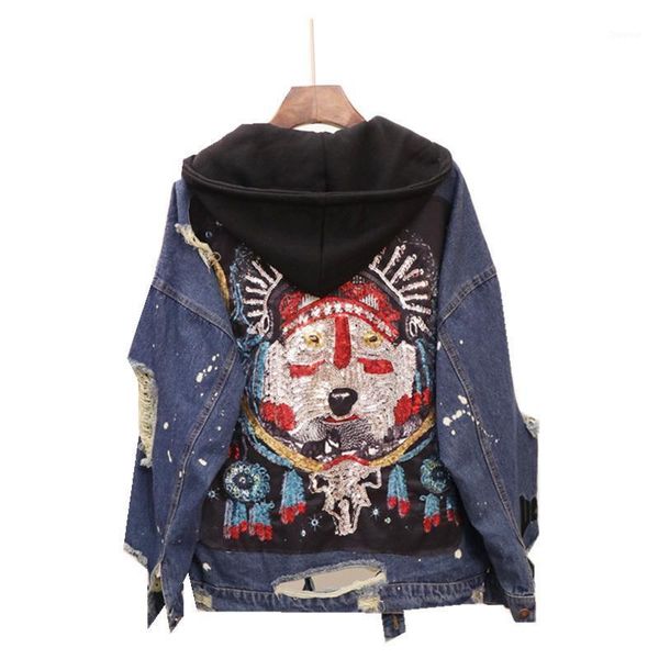 

2020 autumn new heavy duty sequins broken holes retro burlap jeans coat women street wear hooded loose denim jacket student coat1, Black;brown