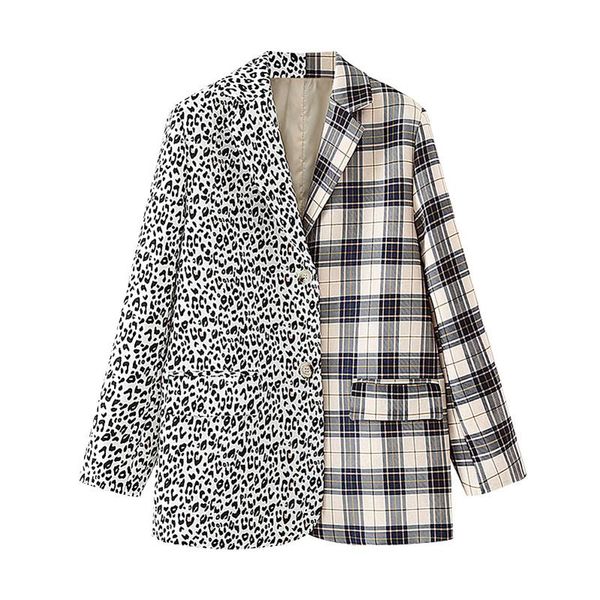 

elegant women gray plaid leopard patchwork jacket 2021 fashion ladies notched collar blazers streetwear female chic pocket coats, White;black
