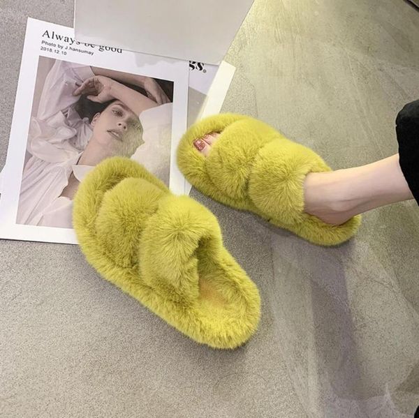 

2020 fluffy home slippers women faux fur slippers cozy furry slides open toe slip on soft house floor plush warm shoes, Black