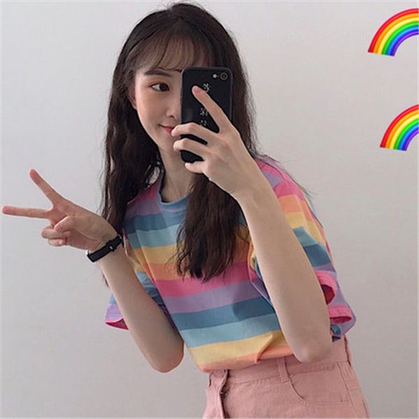 

new casual tshirt loose rainbow striped o neck short sleeved women t shirt female t shirt cloth harajuku clothes brandy, White