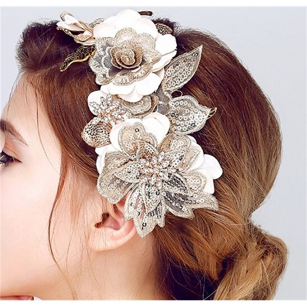 SLBRIDAL Fiore di pizzo fatto a mano Foglia oro Fascia per capelli da sposa Tiara Fascia per capelli da sposa Accessori per capelli Gioielli per capelli da donna Y200409