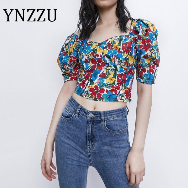 

ynzzu women 2020 fashion floral print cropped blouses v neck cross puff sleeve female shirts blusas chic at5911, White