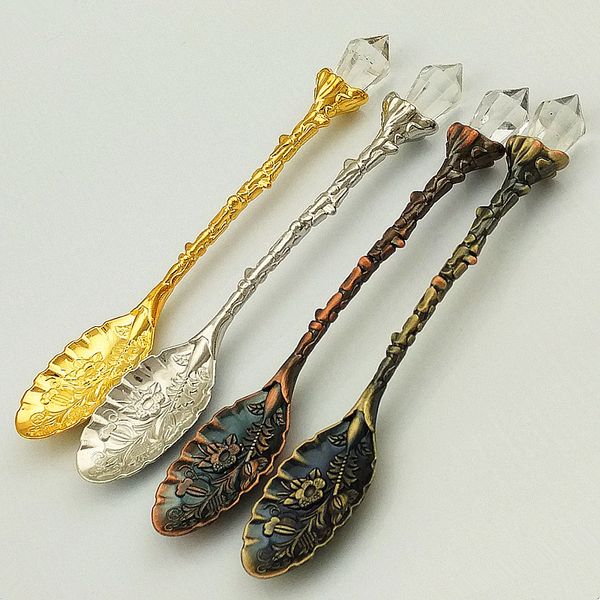 Café Do Vintage Colher Do Vintage Royal Style Colher Metal Esculpida Flor Colher De Cristal De Cristal Colher Sorvete Açúcar Cake Spoons