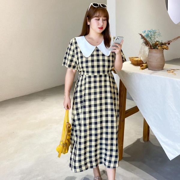 

women's summer plaid lapel stitching commuter dress plus size calf length casual wear 100 kg can be worn1, Black;gray