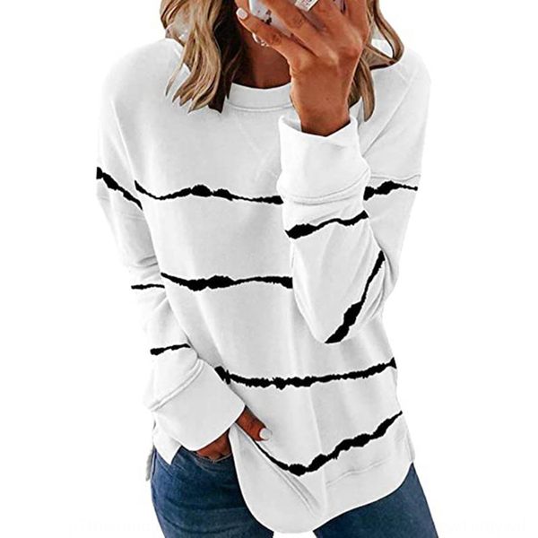 

autumn winter 2020 women's tie coat t-shirt dye printed striped round neck loose long sleeve t-shirt 9617# lozsm, Black