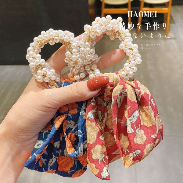 

romantic flower ribbon pearl large intestine circle hairnet red sweet headrope