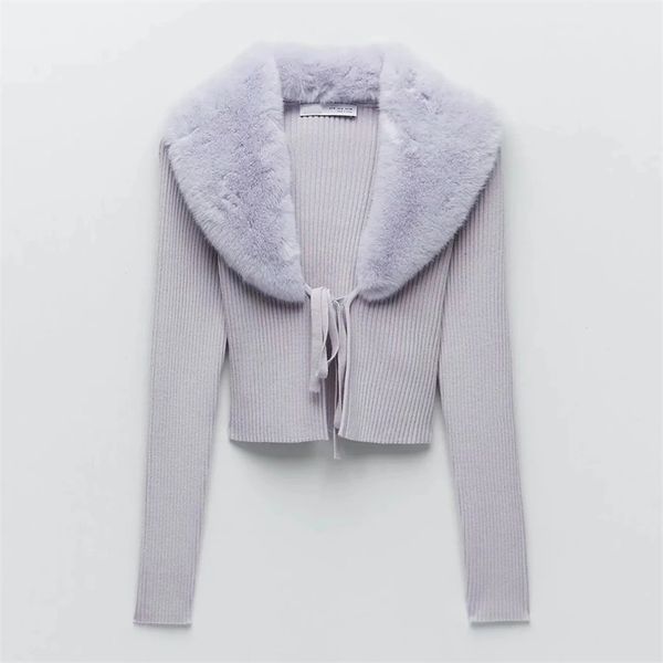 

2021 women new sweet fur collar splicing knitting sweater female lace long sleeve cardigan chic top, White;black