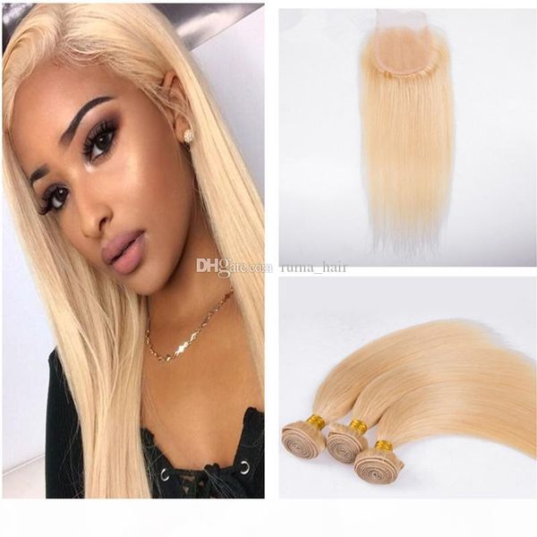 

brazilian straight human hair weave 3 bundles 613 blonde human hair bundles with 4x4 part lace closure 613 honey platinum virgin hair, Black;brown