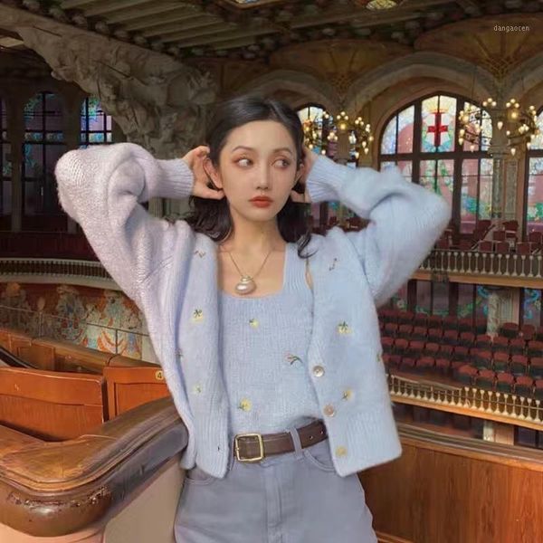 

2020 casual urban autumn female korean style wear low-v embroidered flower neckline two pieces cardigan mesh1, White