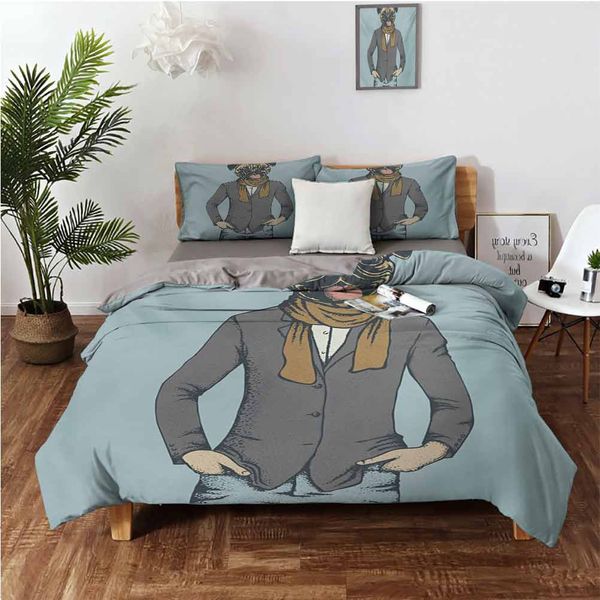 

abstract image of a dog with human proportions with jacket scarf and jeans absurdcartoon skin friendly three piece set