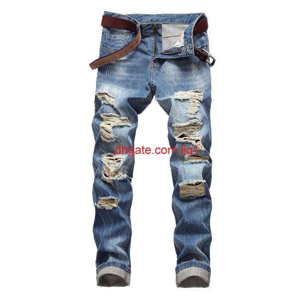 

men's wear hole jeans slim straight large ragged light color men's jeans pants, Blue