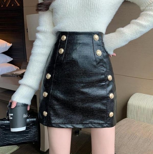 

fashion double breasted women pu skirts women high waist slim package hip pencil skirt lady faldas mujer s3401, Black