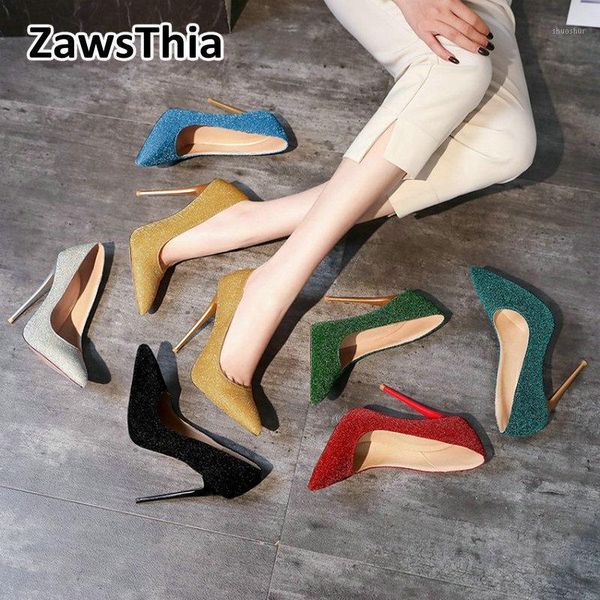 

dress shoes zawsthia 2021 women heels bling glitter soft woman stilettos 12.5cm super thin high pointed toe pumps wedding shoes1, Black
