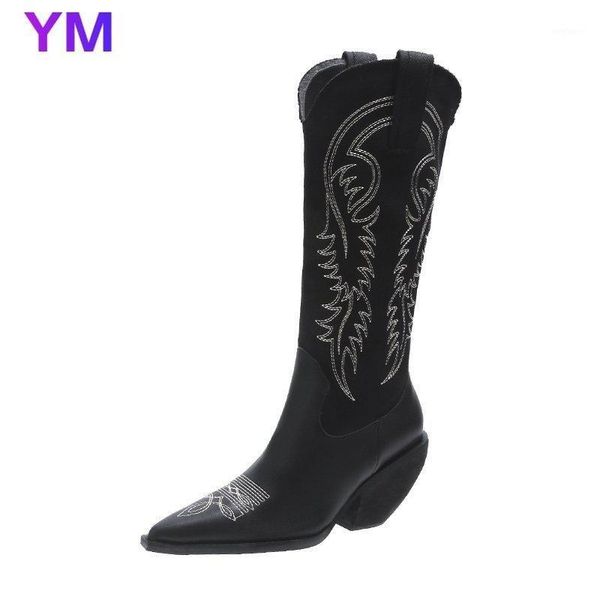 

2020 autumn winter new knee-high boots european american embroidery mid-heel fashion thick heel high-western women's boots1, Black
