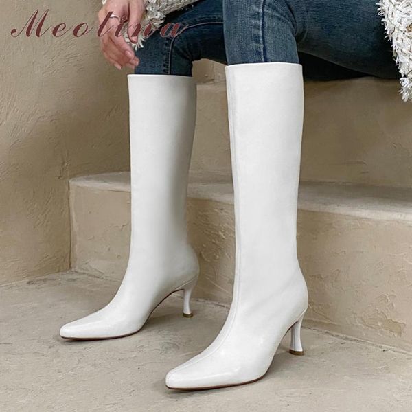 

boots meotina real leather high heel knee women shoes pointed toe stiletto heels fashion long lady autumn winter 40, Black