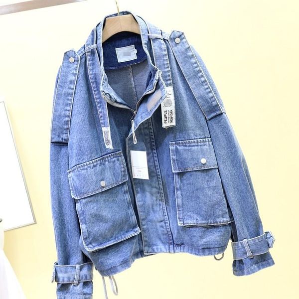 

spring women new brand stand collar tooling jeans jacket casual loose plus size big pockets zipper drawstring denim coats, Black;brown