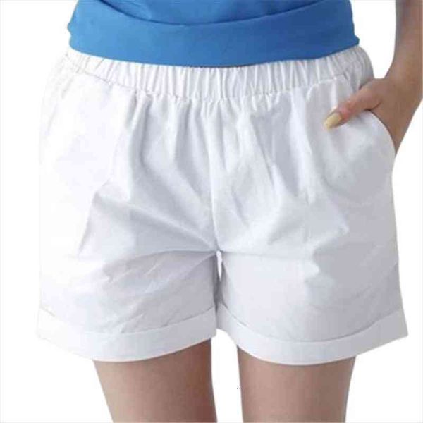 

female plus size summer mid elastic waist solid straight pleated 100% cotton breathable shorts woman oversized sweat shorts, White;black