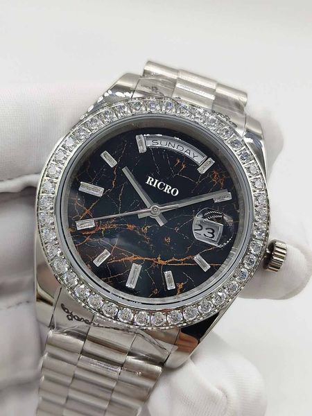 

new double calendar log men's mechanical watch 41mm size automatic mechanical movement folding table buckle meteorite surface bar drill, Slivery;brown