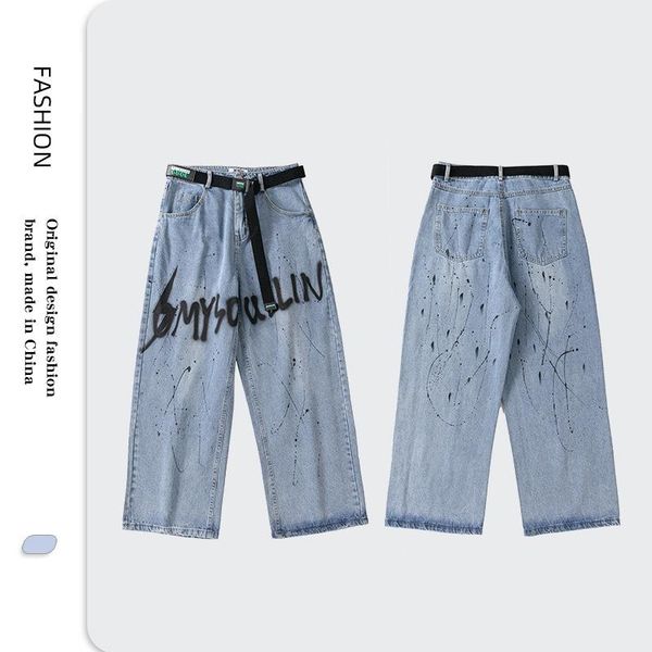 

men's jeans net red 2021 / s spring and summer hip hop ink splashing printing fashion street loose woven pants belt pendant, Blue
