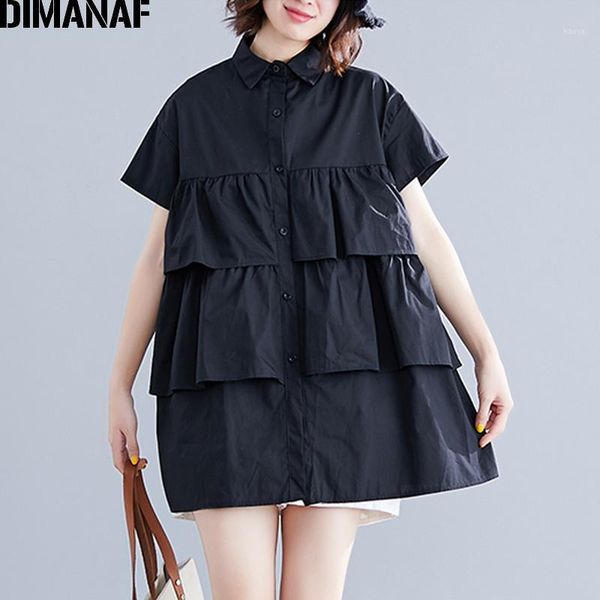 

dimanaf summer plus size blouse shirt women clothing fashion ruffles spliced elegant lady tunic casual loose pleated button1, White
