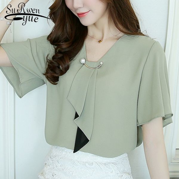 

fashion chiffon women blouse shirt short sleeve plus size women's clothing v-neck women shirts blouse blusas d560 30 y200828, White