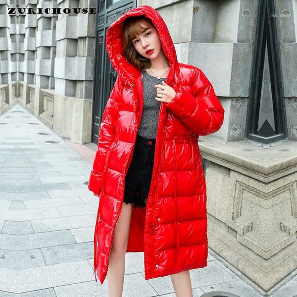 

zurichouse winter down coat woman long jacket 2020 fashion glossy warm slim drawstring hooded down jacket women's parka1, Black