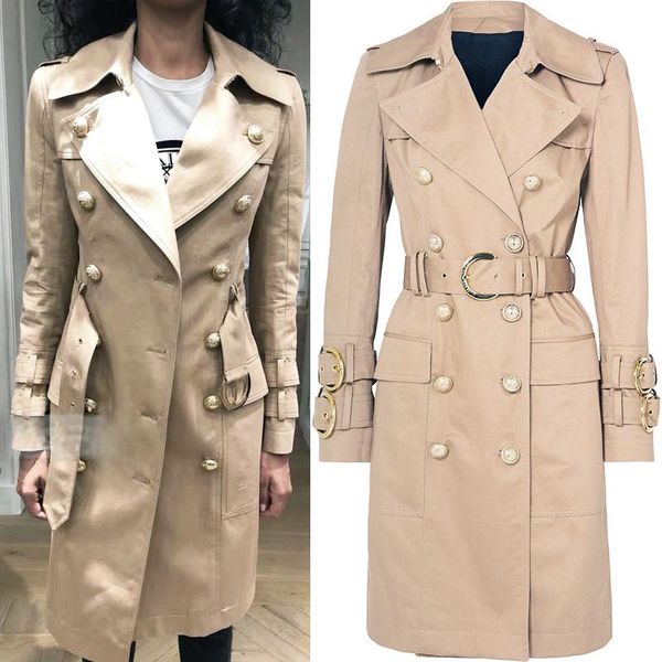 

women's trench coats khaki texture fabric double-row button epaulettes belt slim long-sleeved windbreaker warm fashion jacket, Tan;black