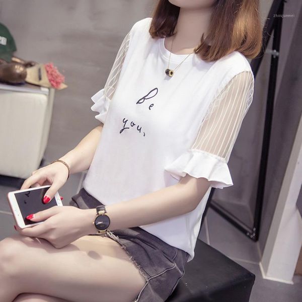 

plus size mesh patchwork for women 2020 spring clothes fashion ruffles short sleeve t-shirts oversize korean ladies tshirt1, White
