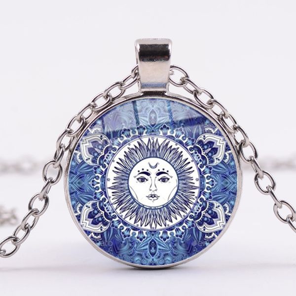 

charm mandala art picture glass necklace buddhism chakra om india yoga symbol crystal pendant flowers jewelry for unisex, Silver