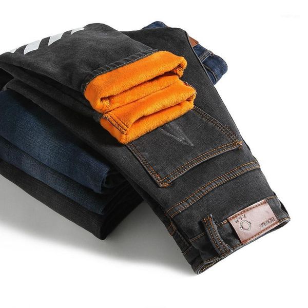 

2020 autumn and winter fashion new men's casual boutique thick warm denim trousers / men's slim straight wool jeans1, Blue