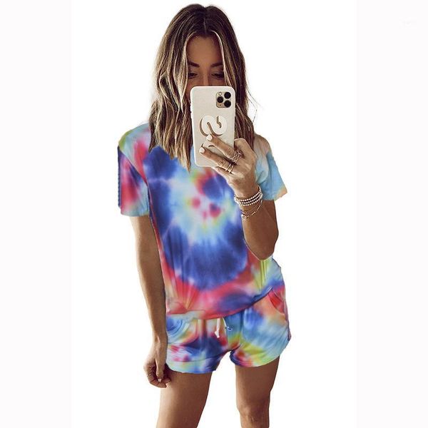 

new clothes women's clothing positioning tie-dye whirlpool short sleeve and shorts two piece sets large size leisure tracksuit1, Gray