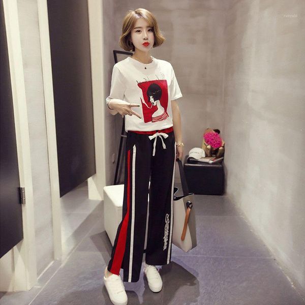 

women two piece set short sleeve printed women loose t-shirt trouser high waist wide leg pants suits summer casual1, White