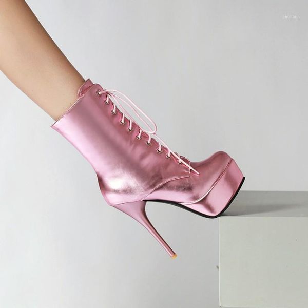 

pxelena european stiletto super high heels nightclub party boots lady winter shoes women lace up platform silver gold pink1, Black